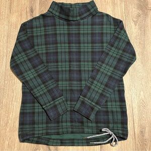 Lands' End Women’s Cowl Neck Cotton Sweater Pullover Green & Navy Blue Plaid XS
